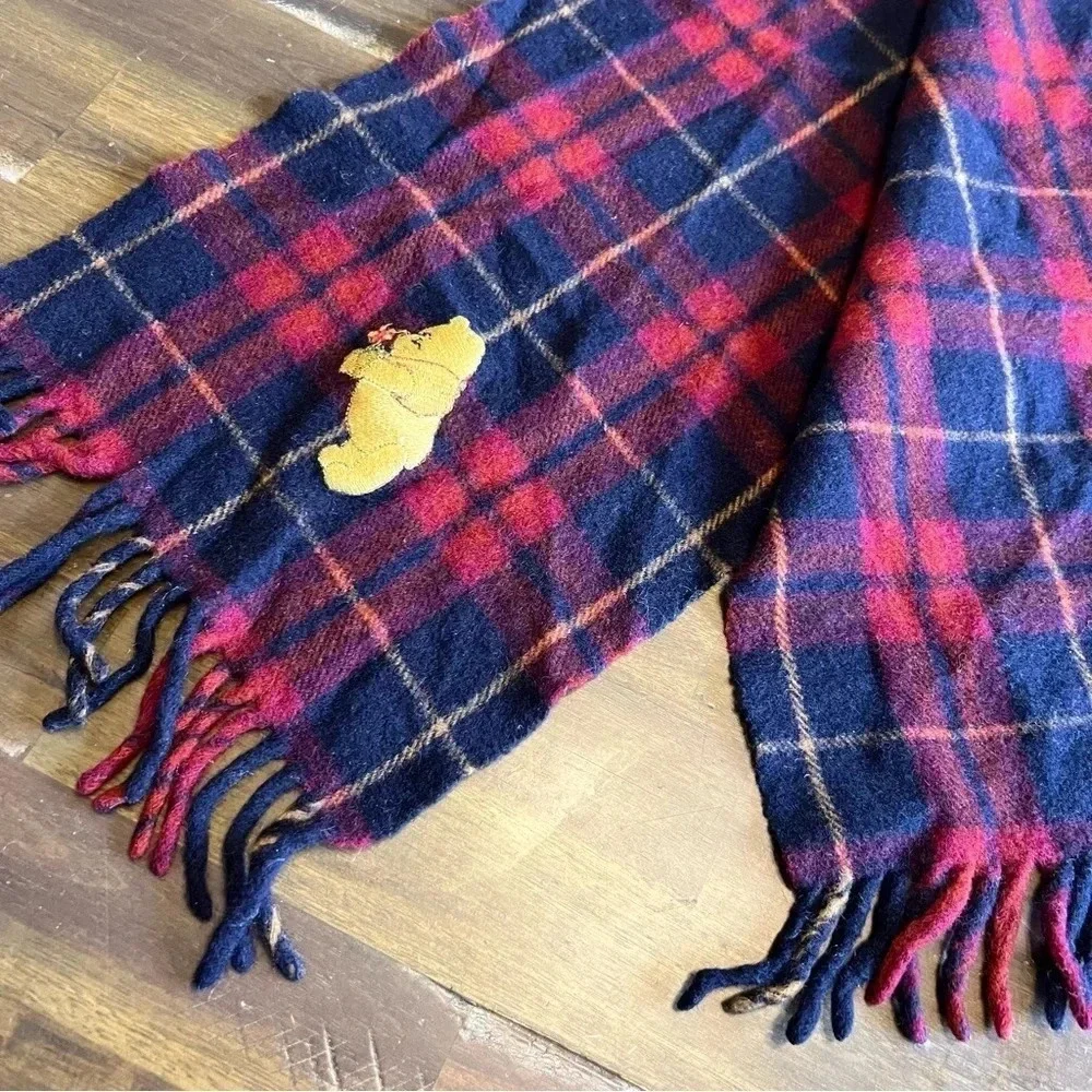 Vintage Disney Winnie The Pooh Plaid Grid Lambs Wool Scarf Winter Embroidered